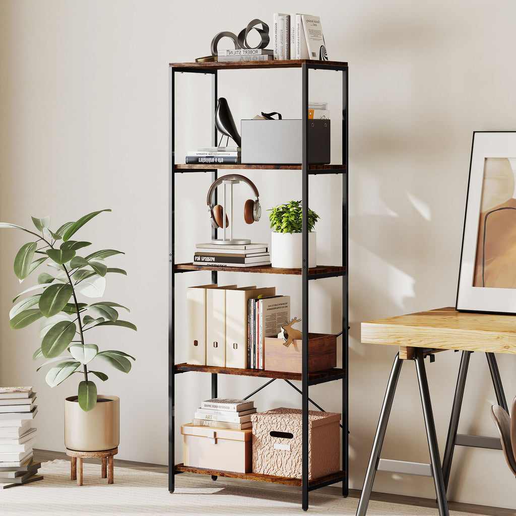 5-Tier Bookshelf, Industrial Bookcase with Metal Frame - Rustic Brown and Black