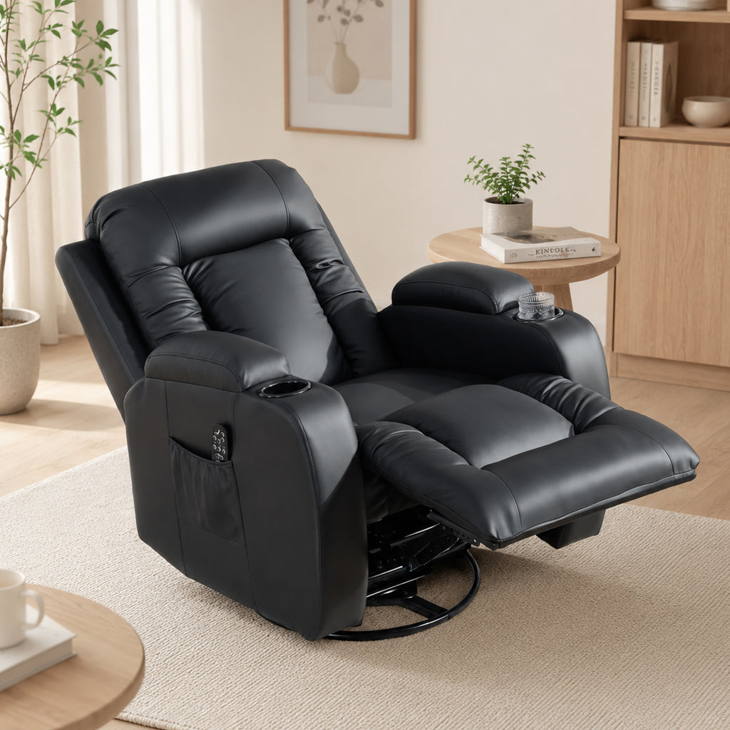 PU Leather Recliner Chair, Recliner Armchair with Extended Footrest, Cup Holders and Side Pockets, Black