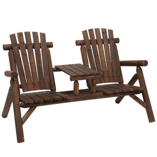 Carbonised fir wood tête-à-tête garden seat with two slanted chairs and centre table