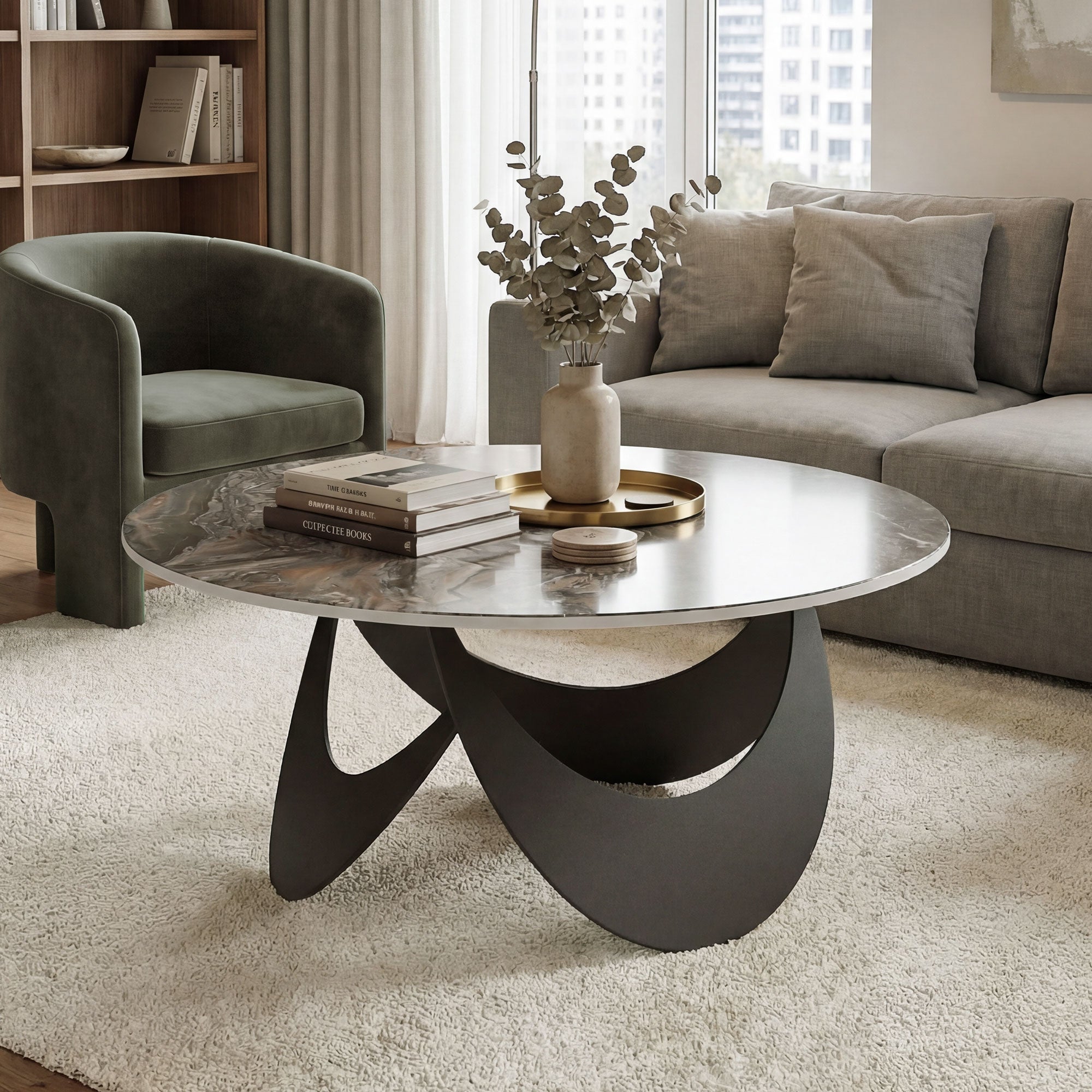 Coffee Table Sintered Stone Top Adjustable Foot Pads Modern Centre Table for Living Room Brown and Black