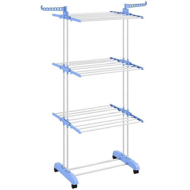 Blue folding steel clothes drying rack with castors and top hooks