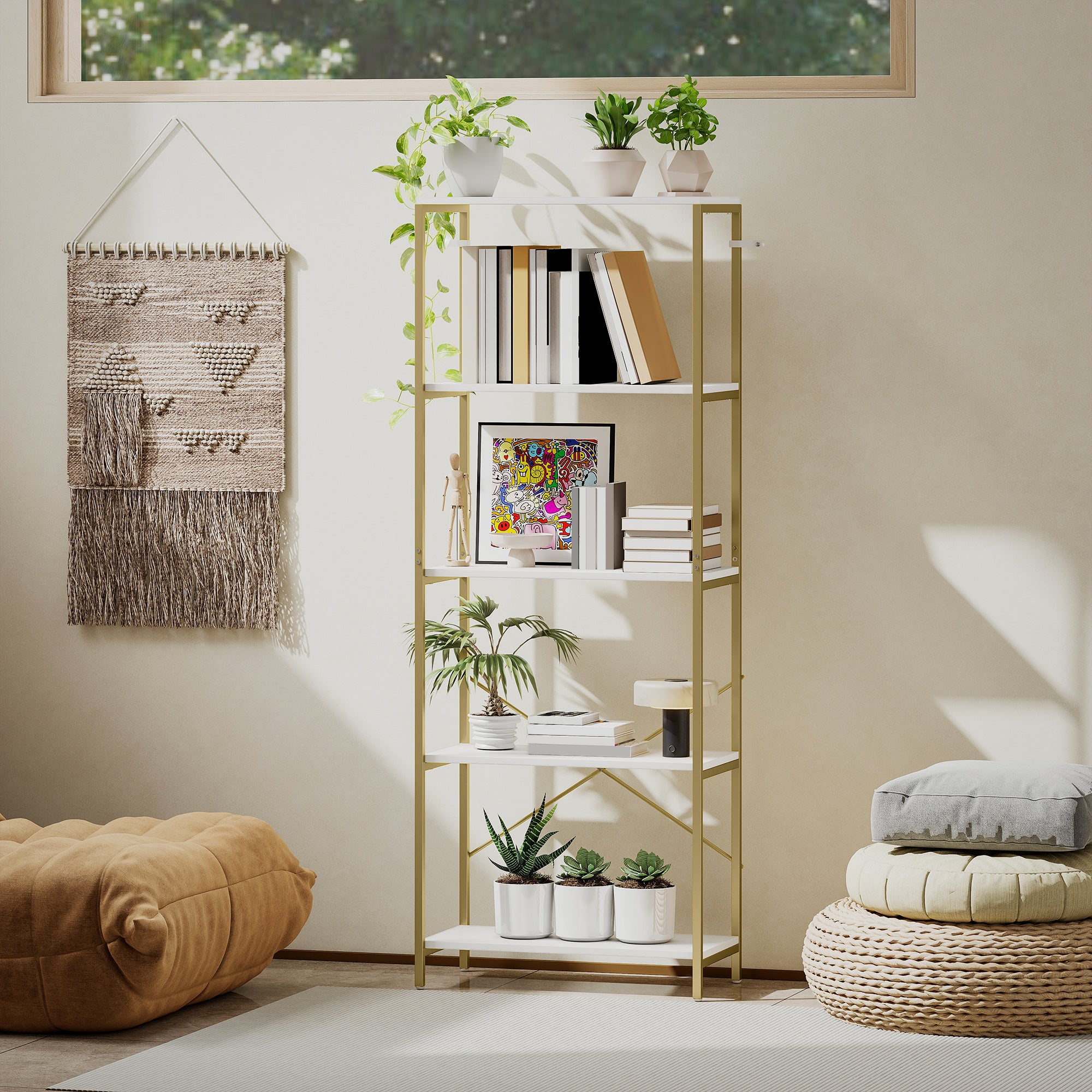 5-Tier Bookshelf, Modern Bookcase with Metal Frame - White and Gold Tone