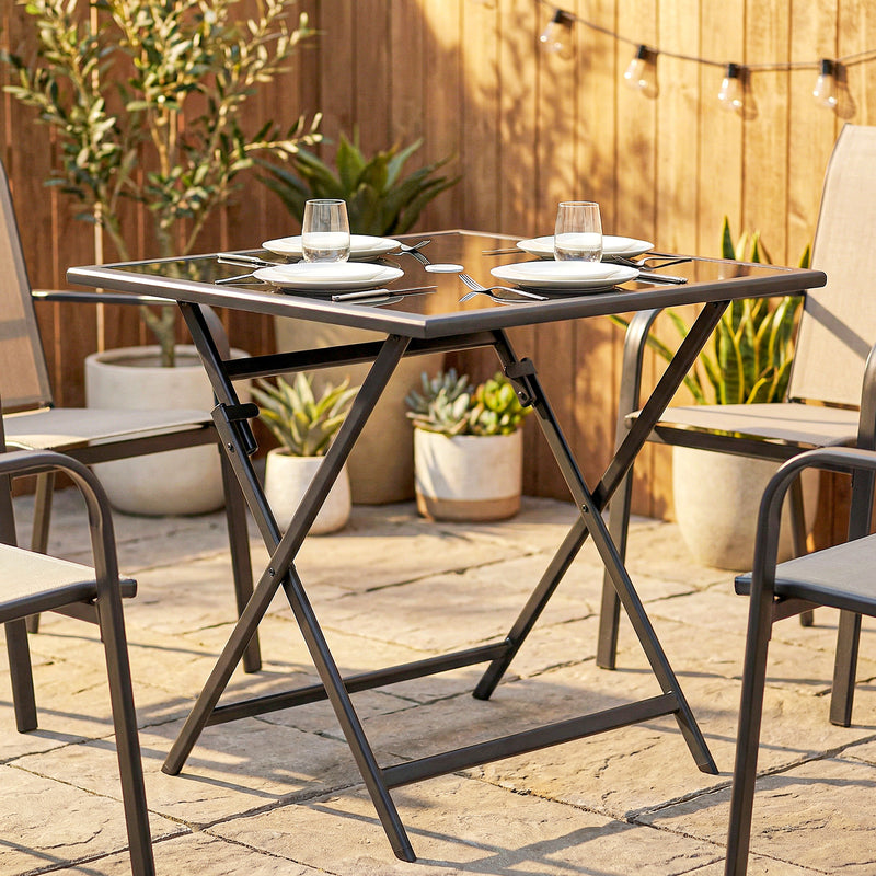 Folding glass top garden table black – image 2