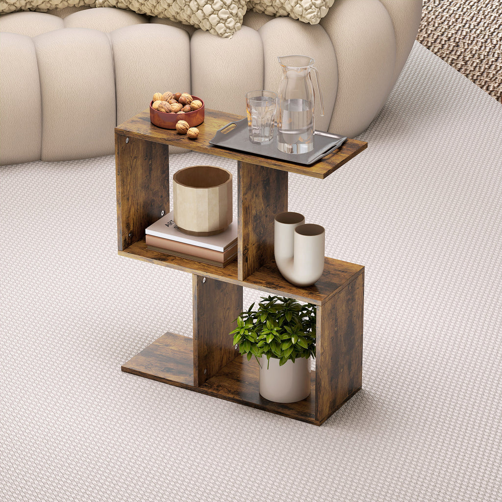 Side Table, Narrow End Table with Storage Shelves, S-Shaped, 3-Tier, 50W x 19.5D x 58H cm, Rustic Brown