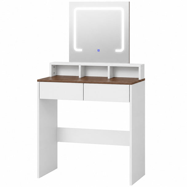 Walnut and white compact dressing table with LED-lit mirror, two drawers and open compartments