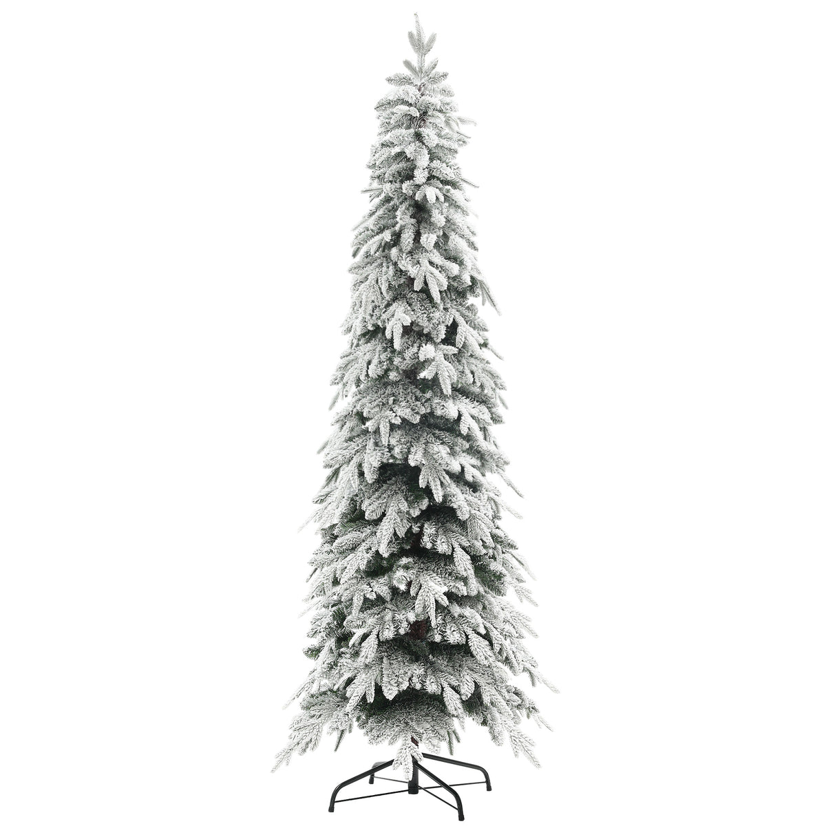 7ft tall slim snow-covered artificial Christmas tree on a steel base
