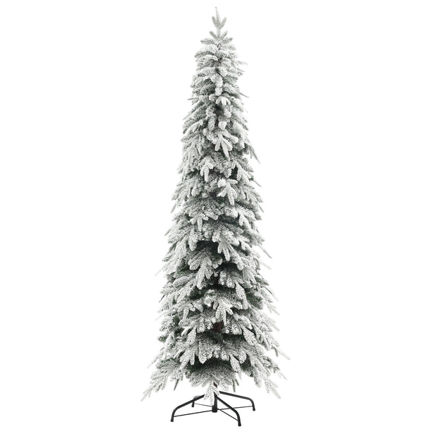 7ft tall slim snow-covered artificial Christmas tree on a steel base
