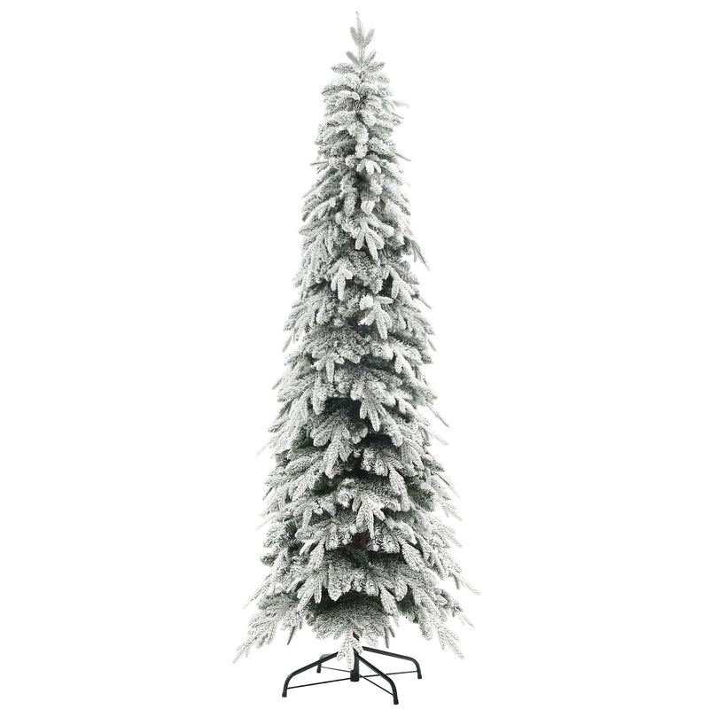 7ft tall slim snow-covered artificial Christmas tree on a steel base