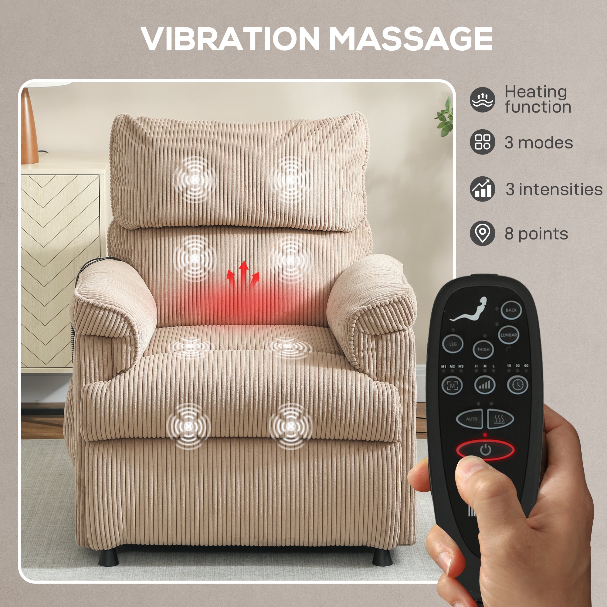 Corduroy Electric Massage Recliner - Brown