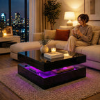 LED Coffee Table with Storage, 2-Tier Modern Centre Table with Open Shelf and Remote for Living Room, High Gloss Black