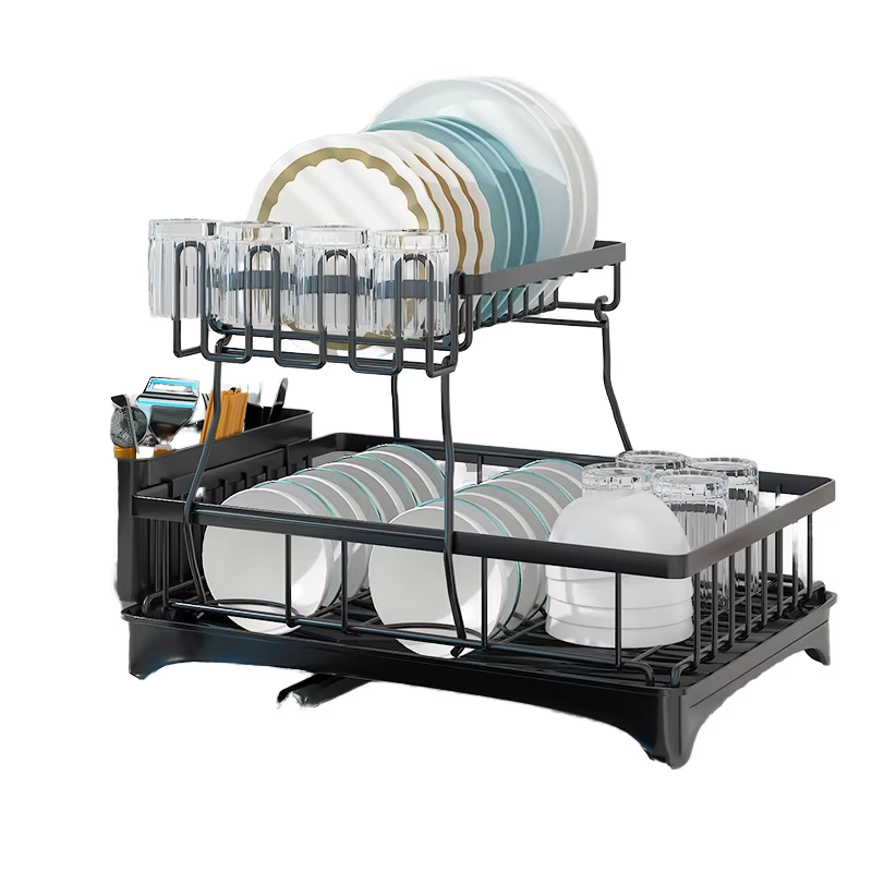 2 Tier Dish Drainer Rack with Cutlery Holder, Cup Rack & Board Holder