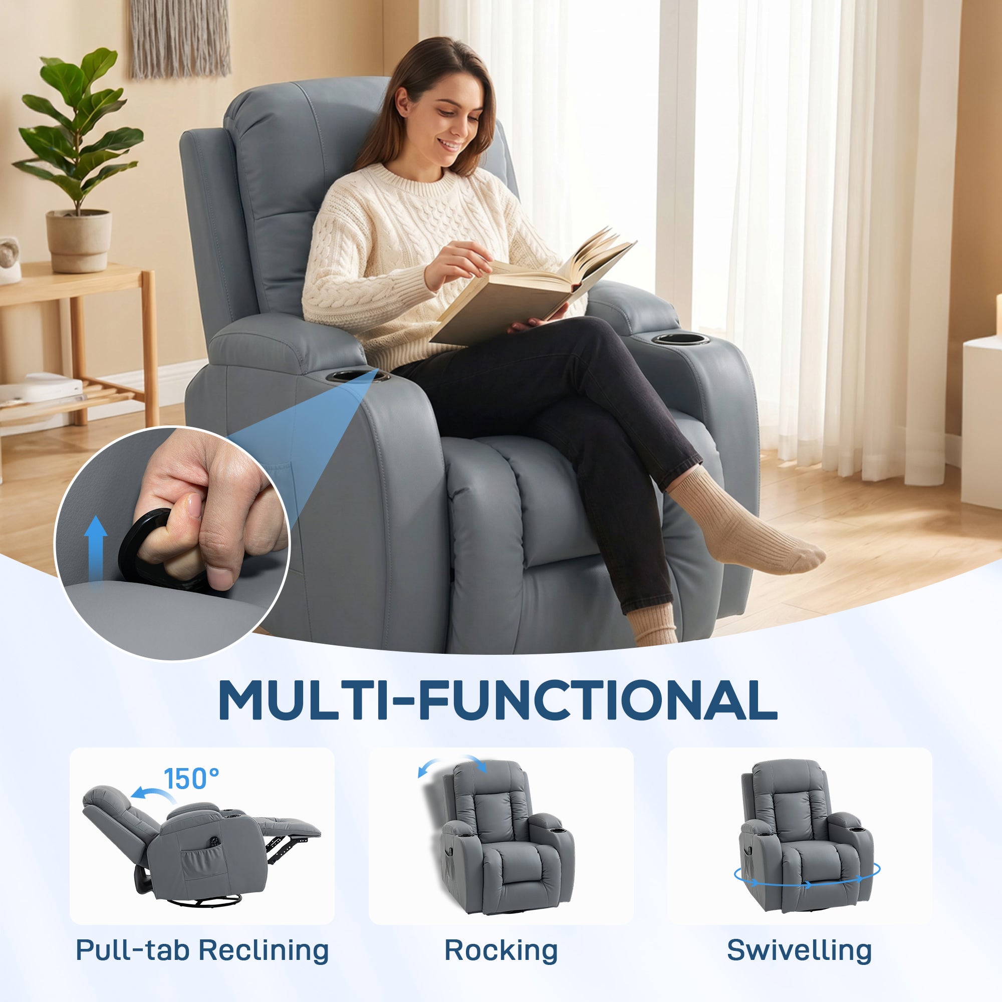 Massage Recliner Armchair, PU Leather Recliner Chair, Grey