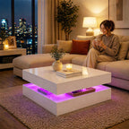 LED Coffee Table with Storage, 2-Tier Modern Centre Table with Open Shelf and Remote for Living Room, High Gloss White