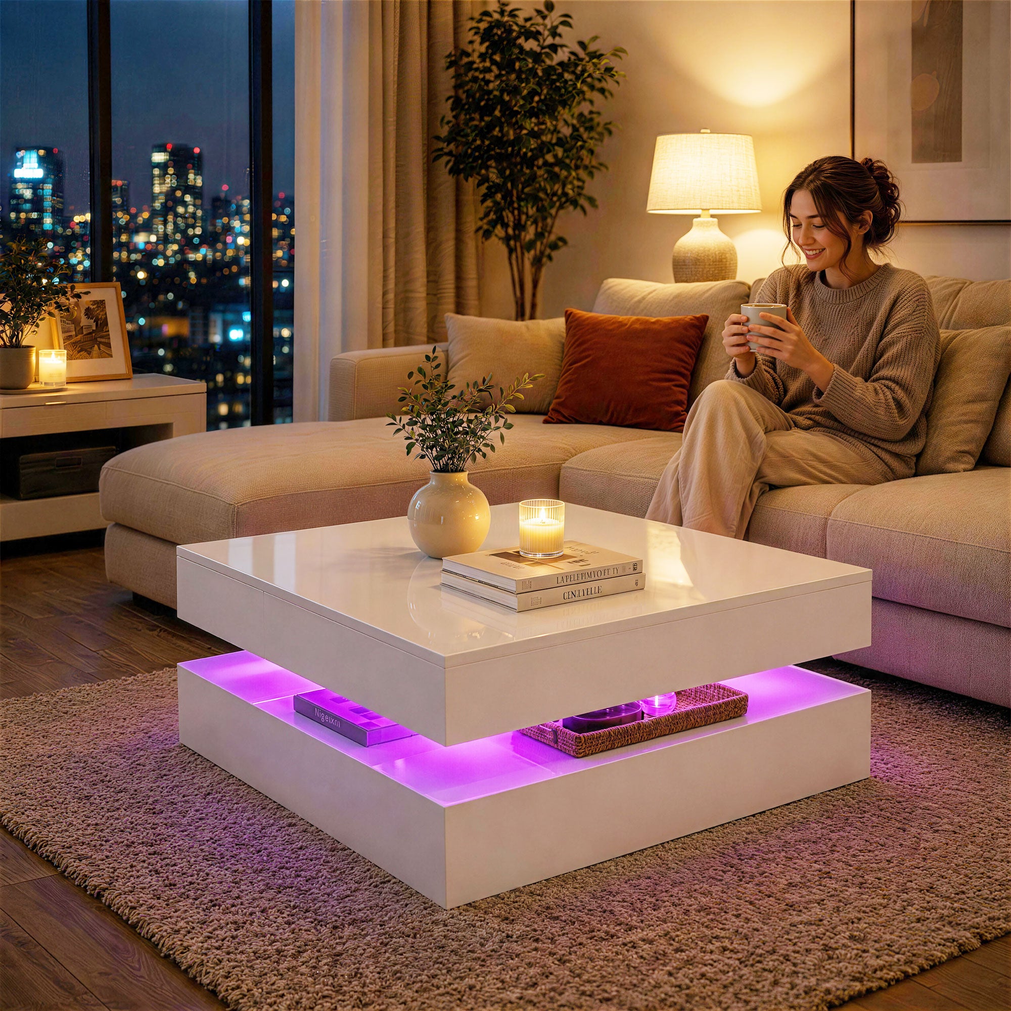 LED Coffee Table with Storage, 2-Tier Modern Centre Table with Open Shelf and Remote for Living Room, High Gloss White