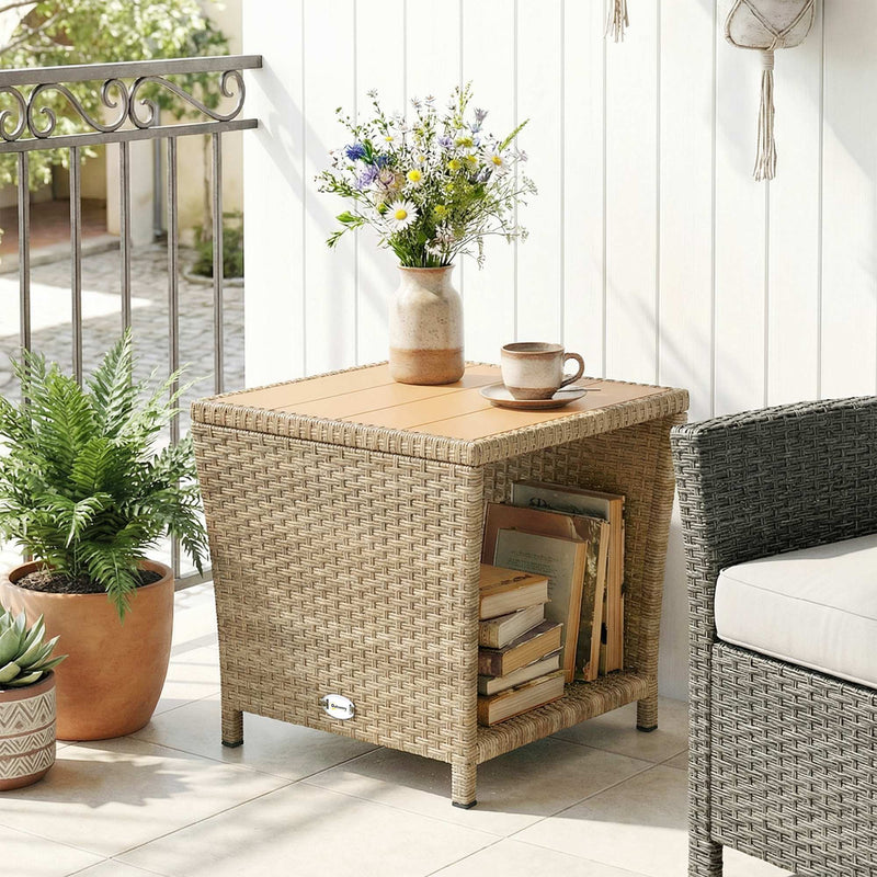 Outsunny Side Table 2-Tier Outdoor Coffee Table with Storage Shelf PS Wood Slat Top/Khaki – view 9