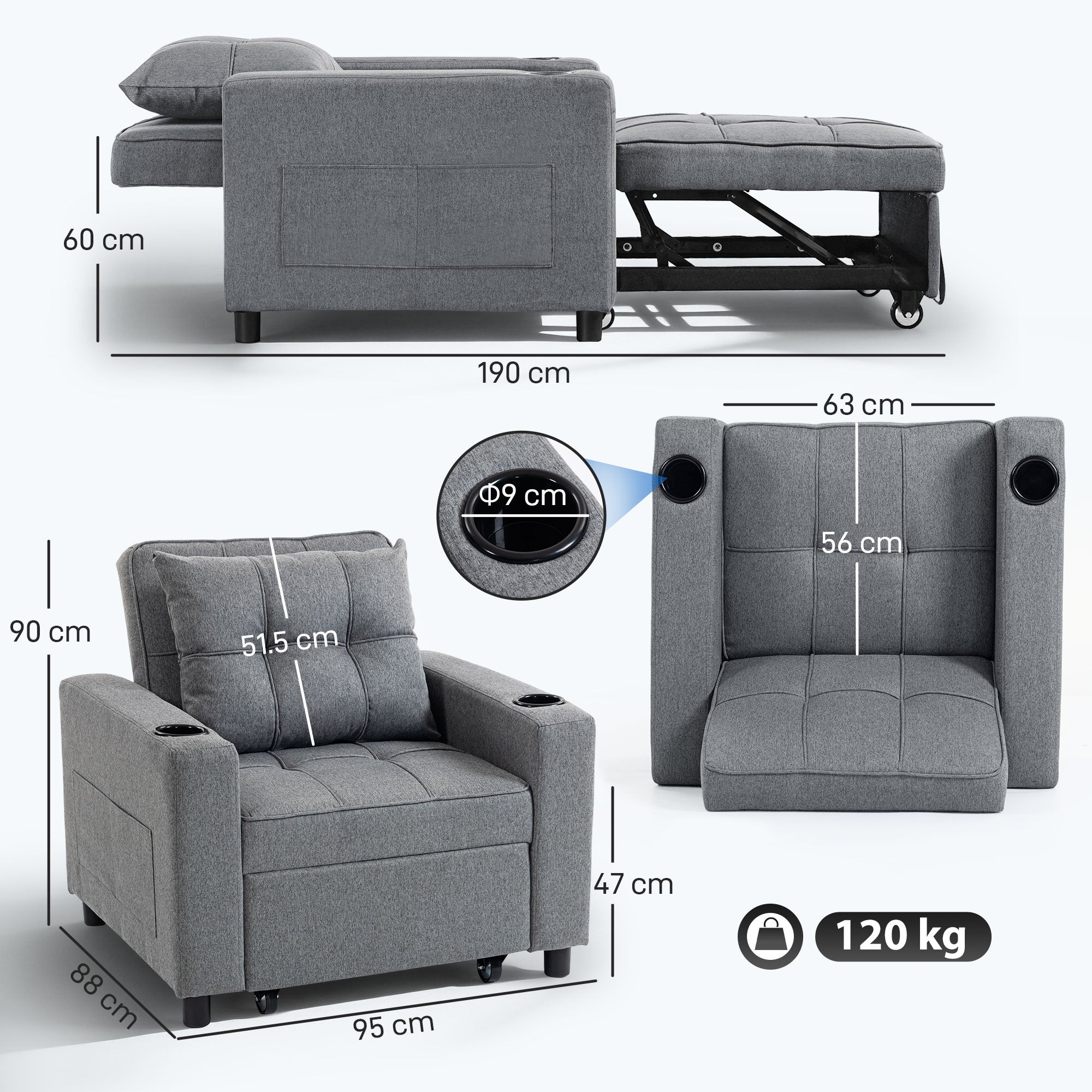 3-in-1 Single Sofa Bed, Convertible Sleeper Chair Bed - Dark Grey