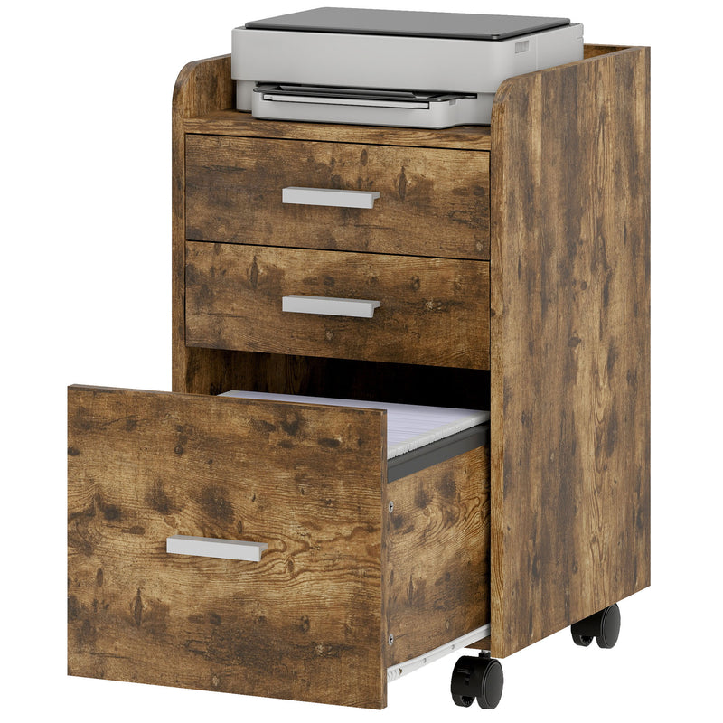 HOMCOM 3 Drawer Filing Cabinet, Rolling File Cabinet with Edged Top for Letter, A4 Size, Hanging File Folders, Rustic – view 10