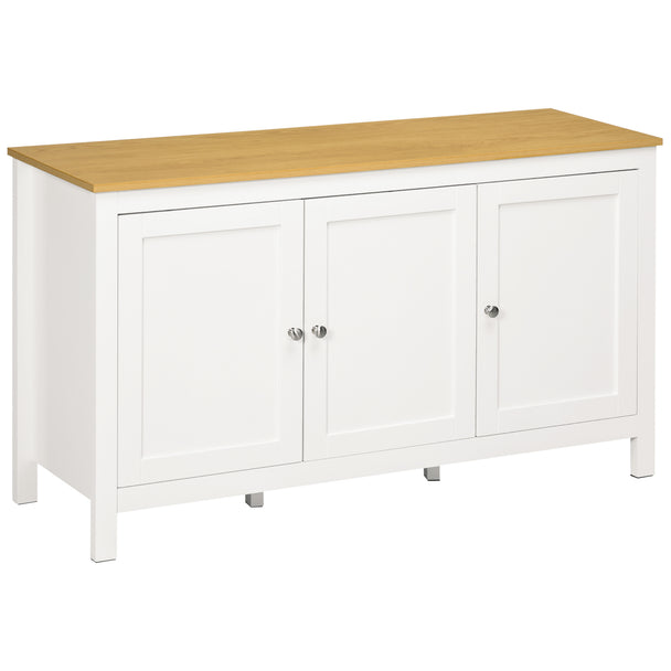 Wide white sideboard with natural wood-effect top and three doors