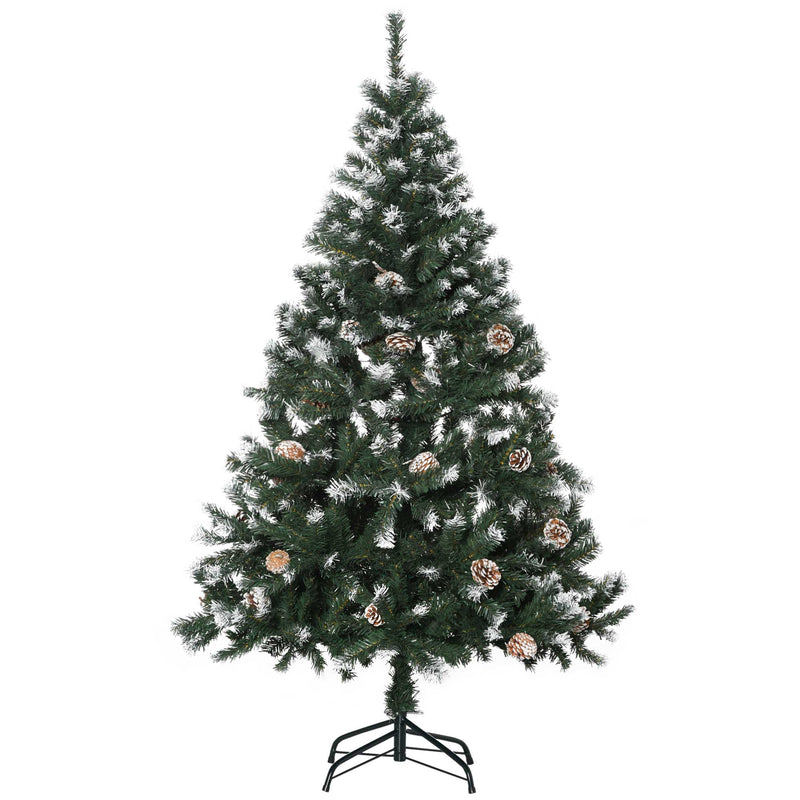5ft green Christmas tree with white snow flecks and pine cones