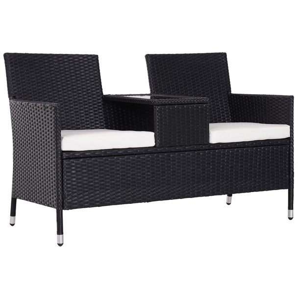 Black rattan two-seater garden bench with built-in glass-top middle table and cushions