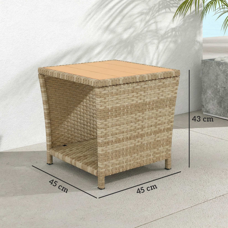 Outsunny Side Table 2-Tier Outdoor Coffee Table with Storage Shelf PS Wood Slat Top/Khaki – view 3