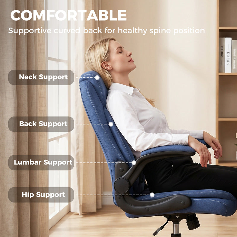 HOMCOM Linen-Look Computer Desk Chair, Executive Office Chair with Flip-Up Armrests and Thick Cushion, Blue – view 4