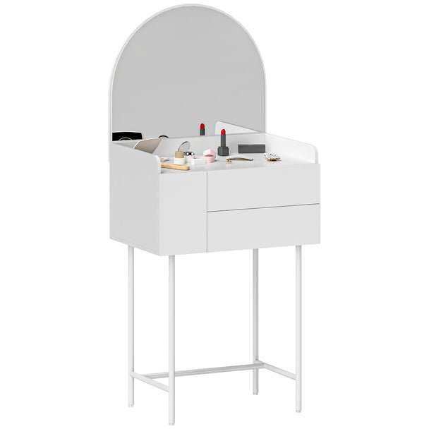 Compact white dressing table with large arched mirror, three drawers and metal legs