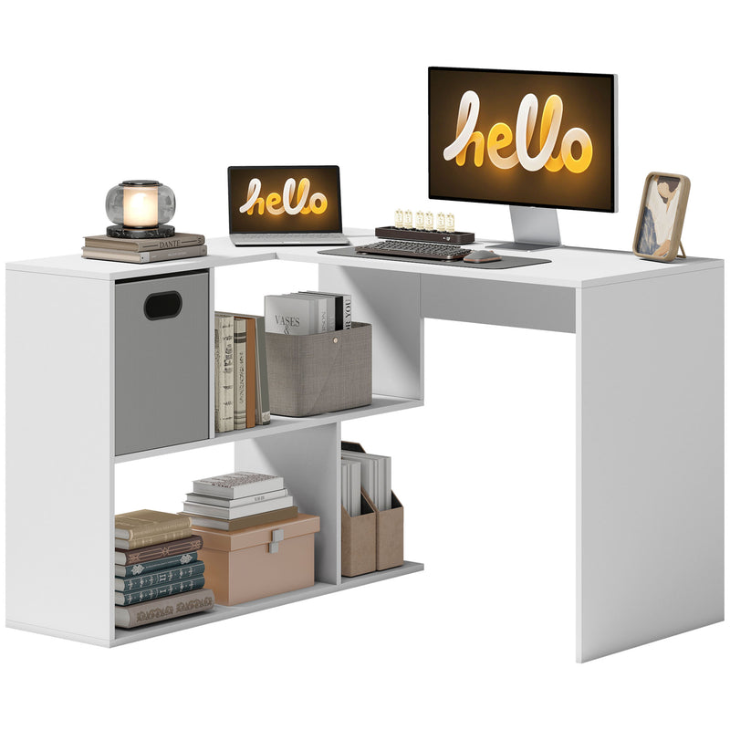HOMCOM L Shaped Computer Desk, 110 x 100cm Corner Desk with Fabric Drawer and Storage Shelves, White – view 10