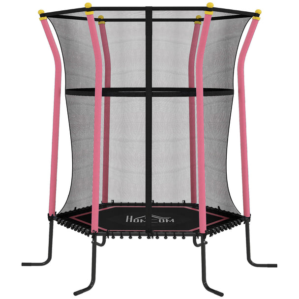 Pink mini kids trampoline with enclosure net, padded poles and zipped door