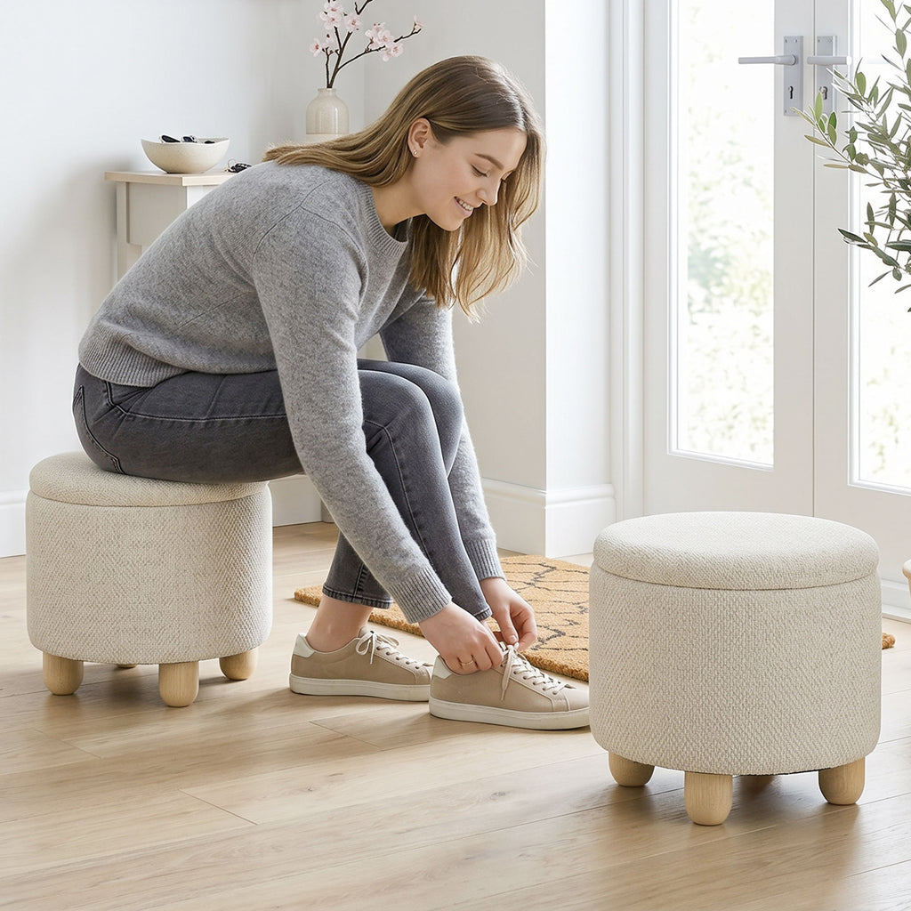 Storage Sitting Bench with Lid, Round Storage Ottoman with Rubberwood Legs, Beige