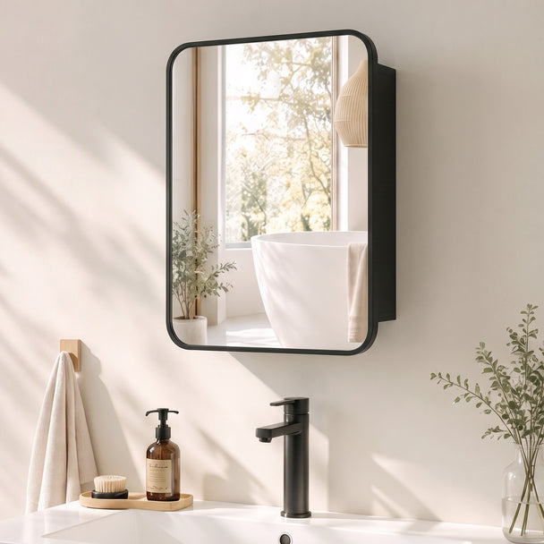 HOMCOM Bathroom Medicine Mirror Cabinet, Bathroom Wall Cabinet with Storage, Magnetic Door and Adjustable Shelf, Black – view 2