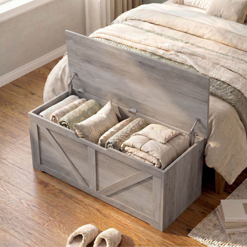HOMCOM 127L Home Storage Box, with Safety Hinges - Grey Wood-Effect – view 9