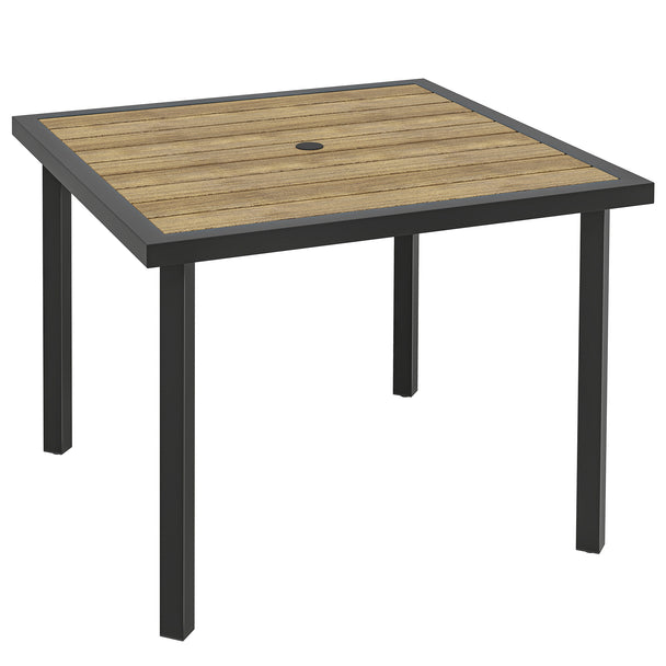 86 cm square garden dining table with brown wood-effect slatted top, black frame and parasol hole