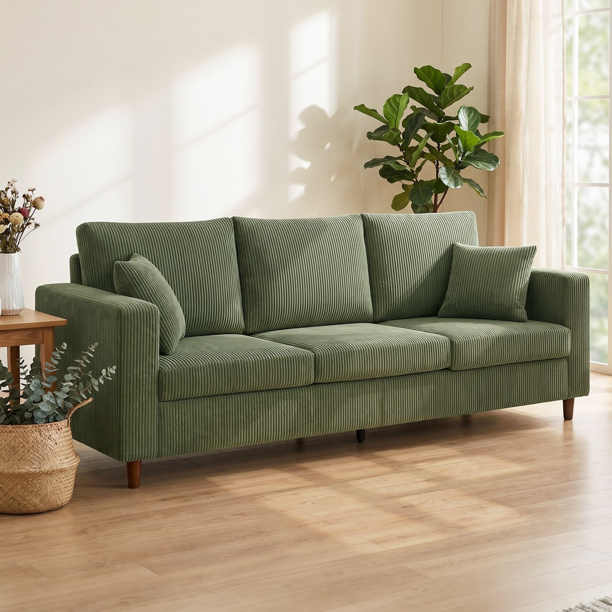 3 Seater Sofa with Wide Seat, Corduroy Fabric Couch with Deep Seat, Spring Cushion, Green