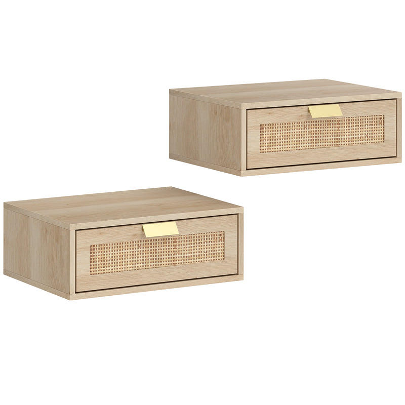 Set of two oak-effect floating bedside tables with rattan drawer fronts