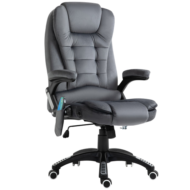 Grey velvet-feel heated massage recliner office chair with padded armrests, high back and remote