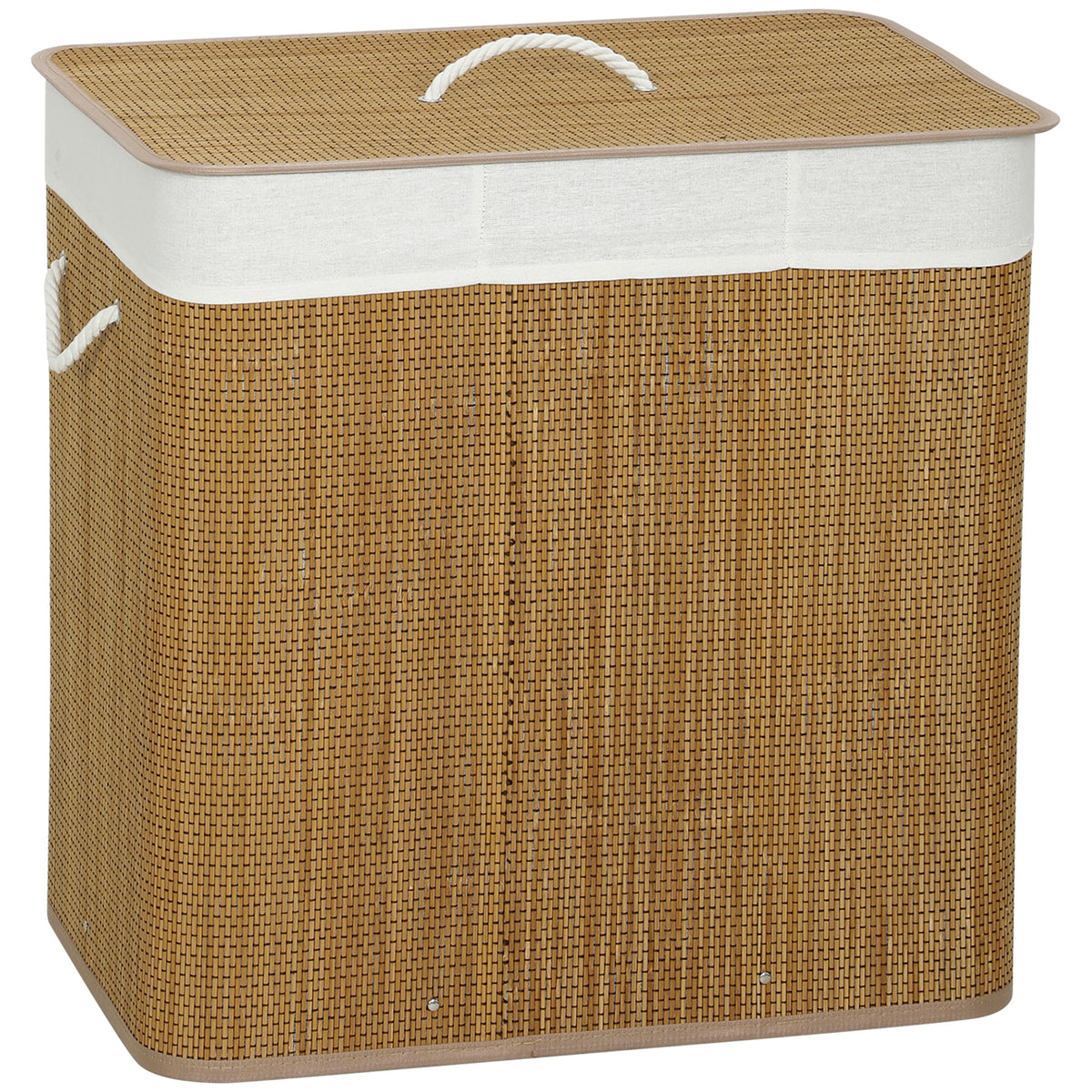 Brown bamboo 144 L laundry hamper with three compartments, lid, carry handles and removable liner