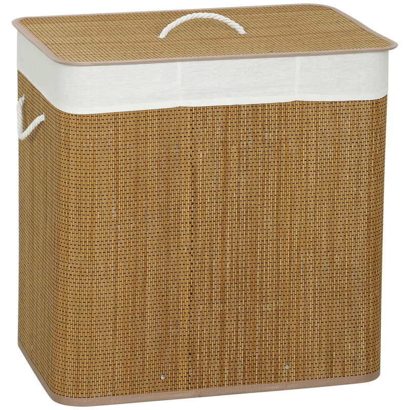 Brown bamboo 144 L laundry hamper with three compartments, lid, carry handles and removable liner