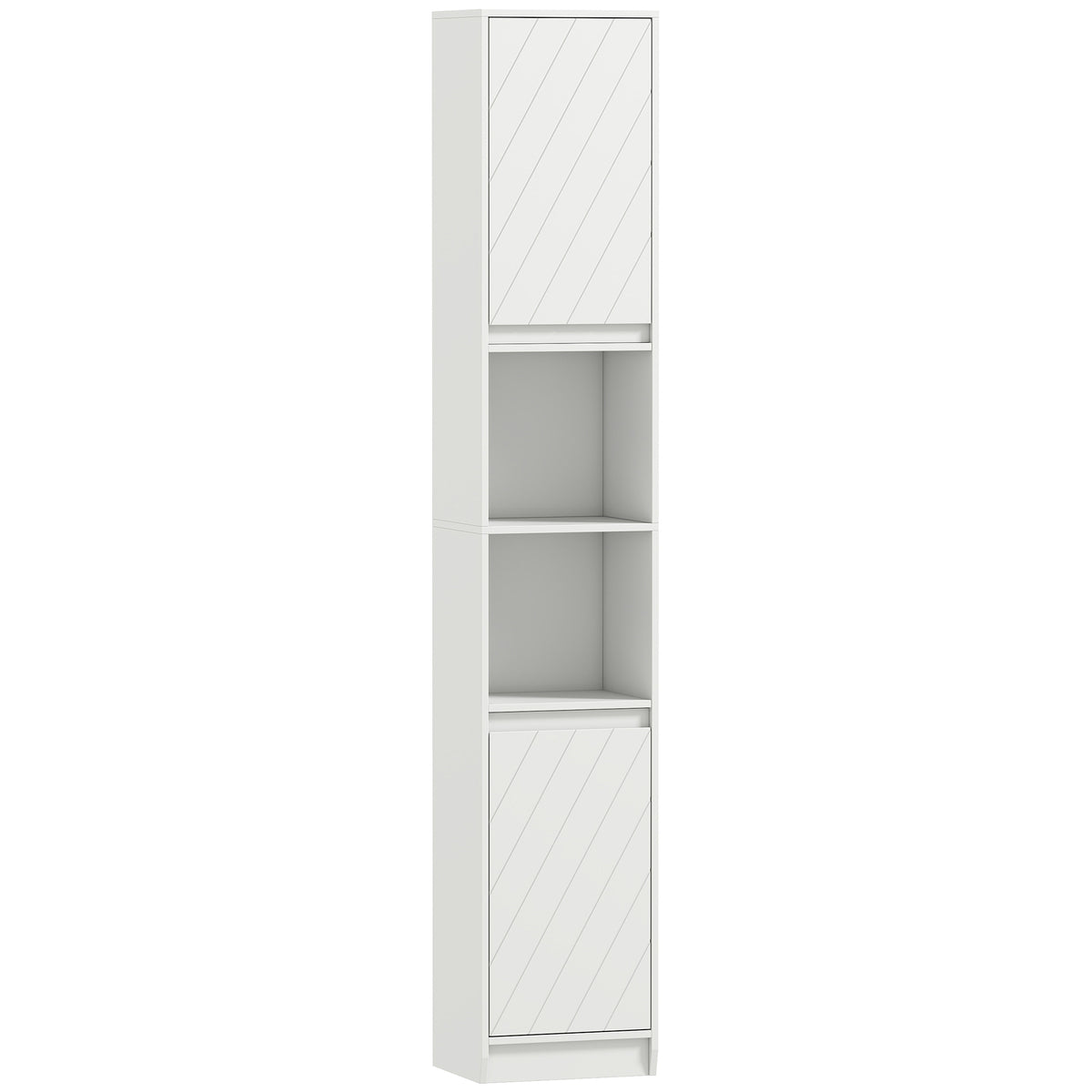 Narrow white 170 cm bathroom cabinet with two cupboards and open compartments