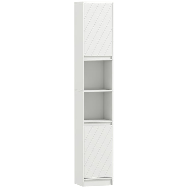 Narrow white 170 cm bathroom cabinet with two cupboards and open compartments