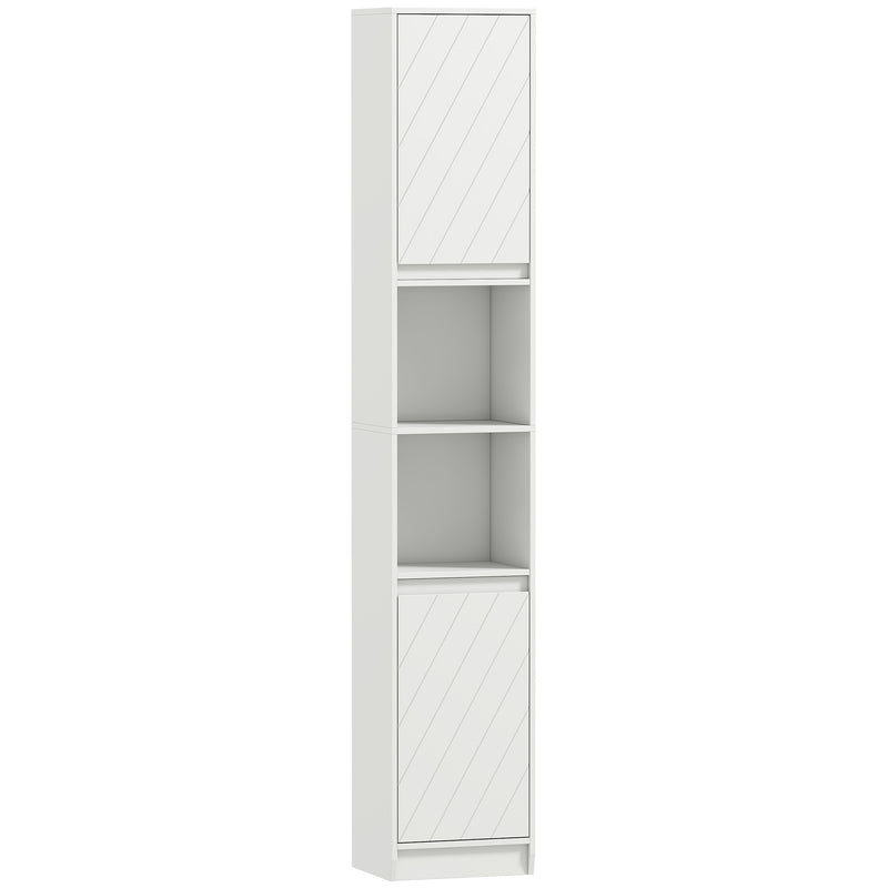 Narrow white 170 cm bathroom cabinet with two cupboards and open compartments