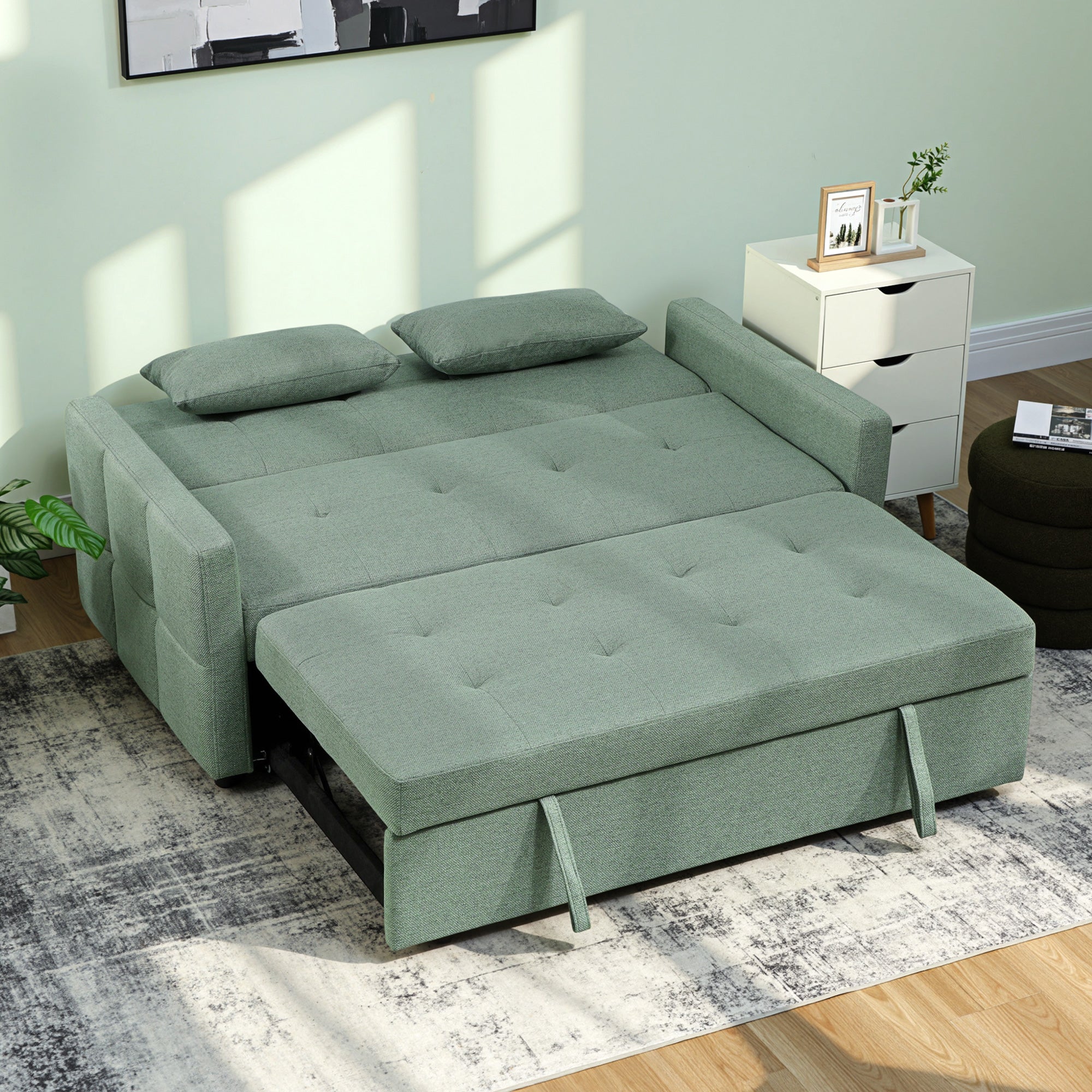 Three-Way 2 Seater Sofa Bed with Three-position back and Two Soft Pillows - Green