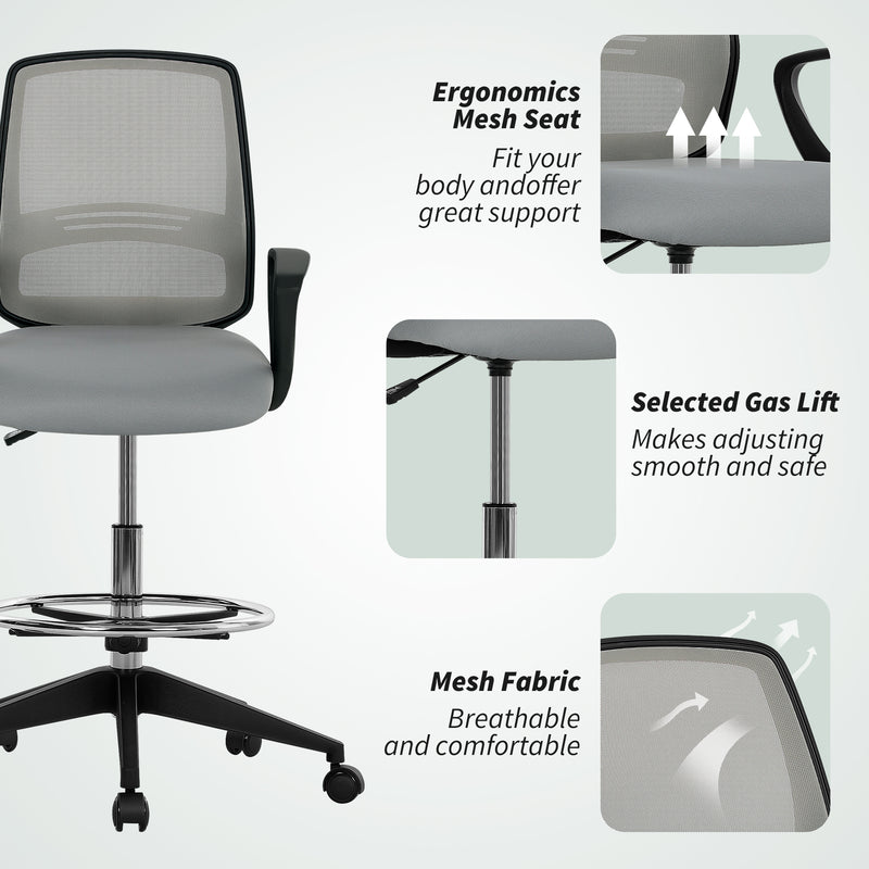 Vinsetto 100-120cm Draughtsman Office Chair, with Footrest - Light Grey – view 8