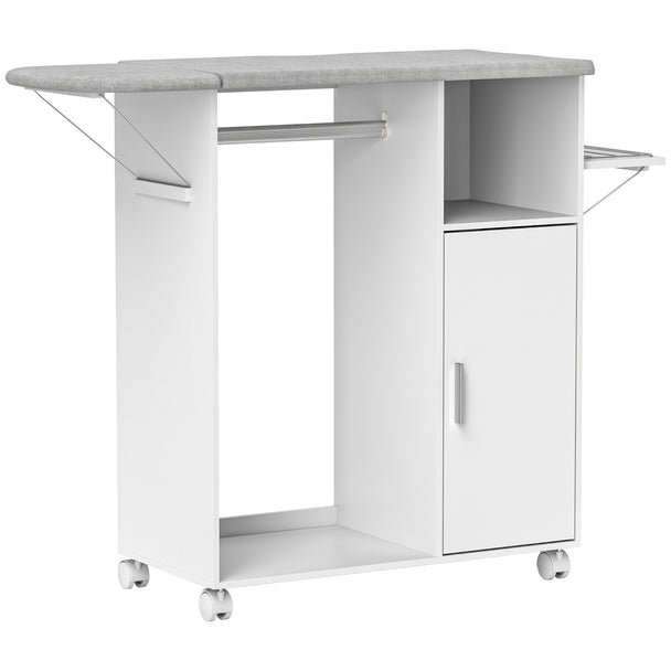 White rolling ironing board cabinet with fold-out top, clothes rail and cupboard