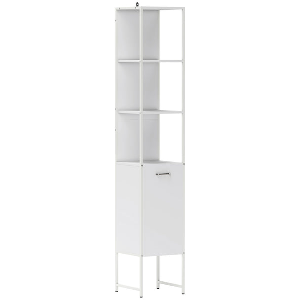 Tall white 185 cm bathroom cabinet with open shelves and raised steel legs