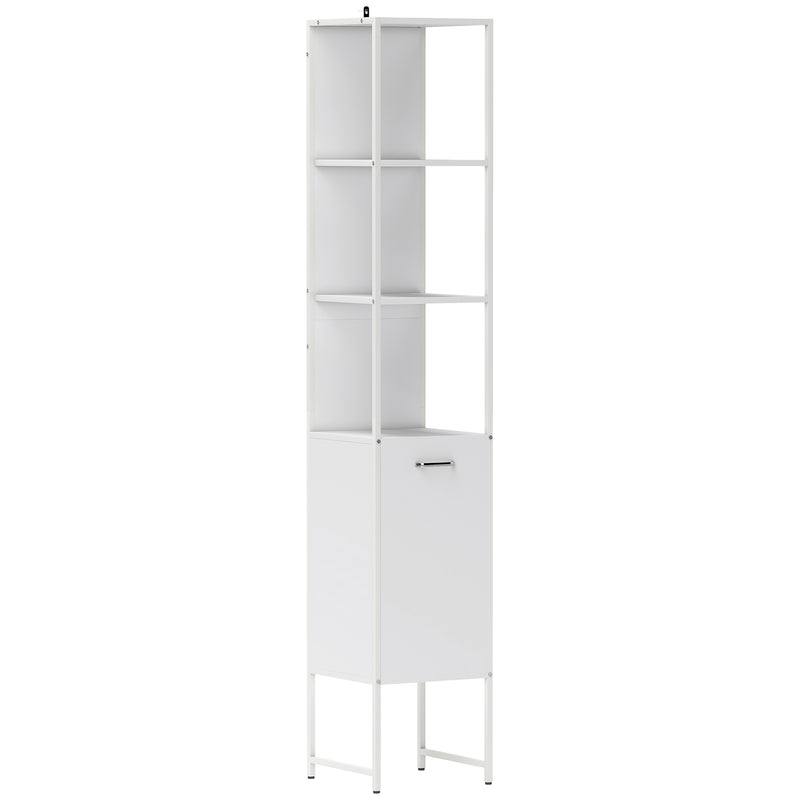 Tall white 185 cm bathroom cabinet with open shelves and raised steel legs
