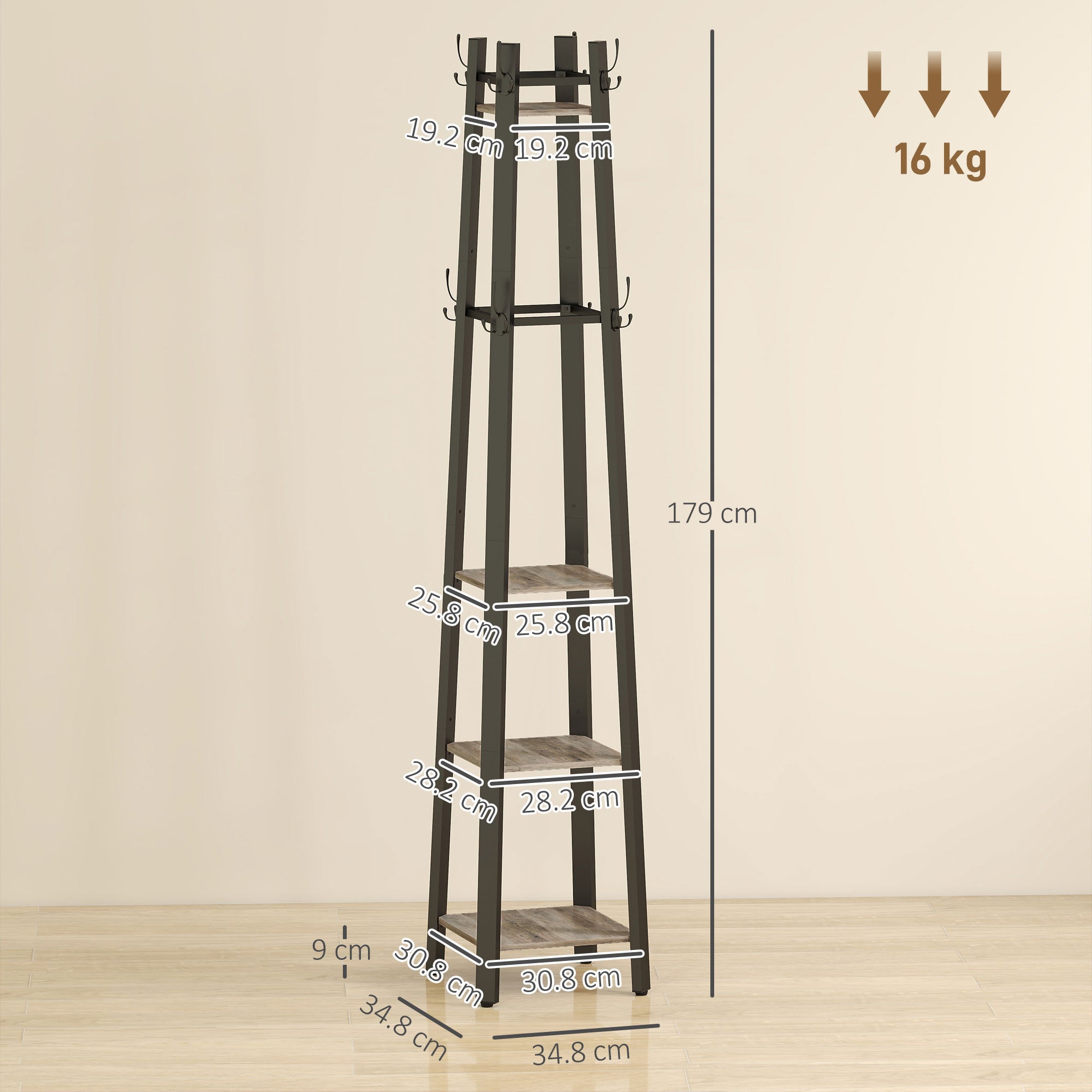 Industrial-Style Four Shelf Coat Stand - Grey/Black