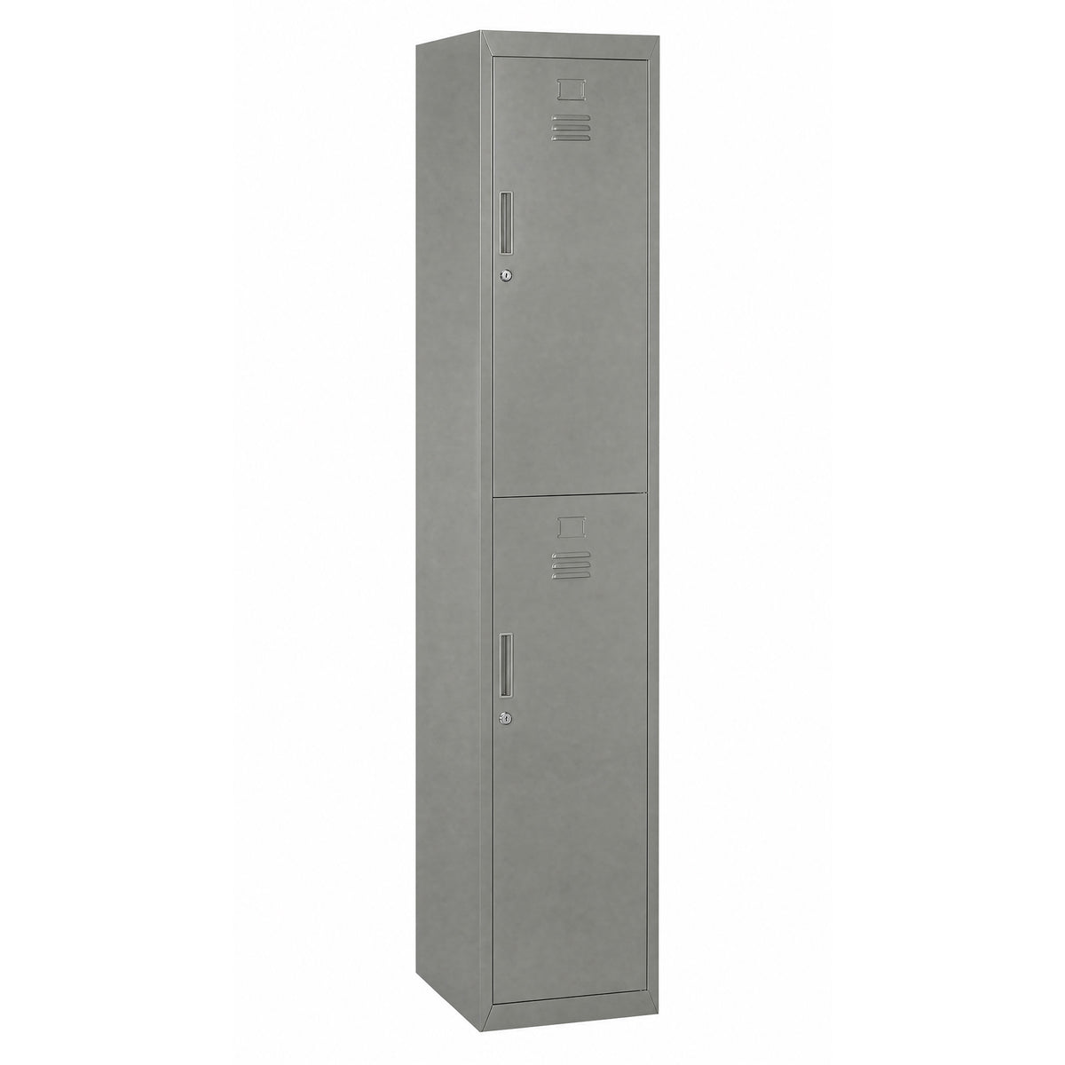 Tall grey steel locker cabinet with two lockable compartments and internal shelves