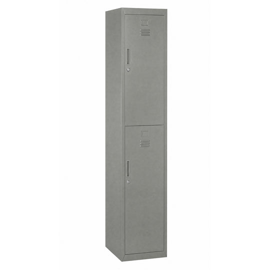 Tall grey steel locker cabinet with two lockable compartments and internal shelves