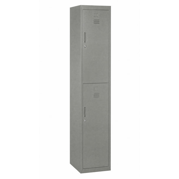 Tall grey steel locker cabinet with two lockable compartments and internal shelves
